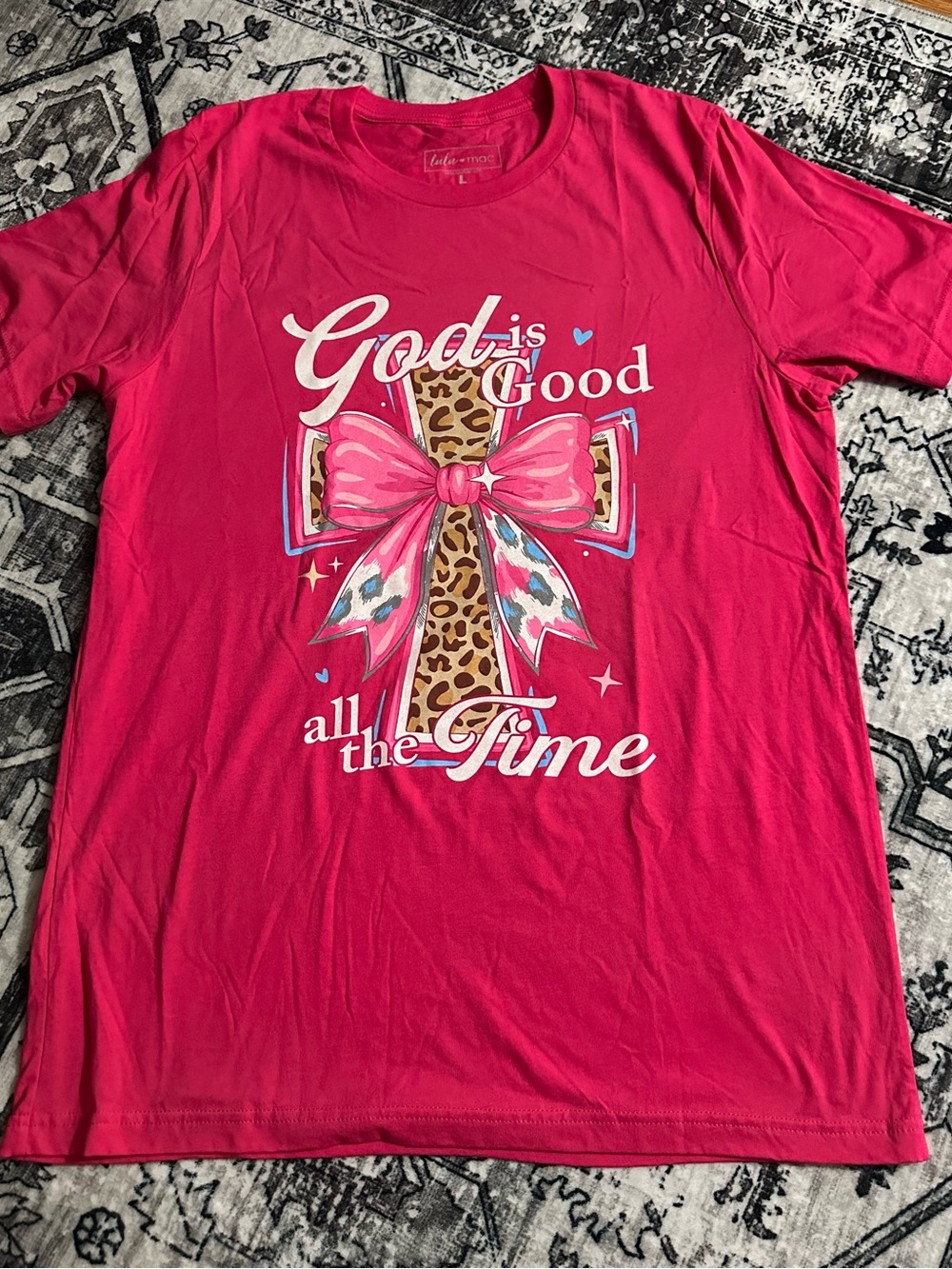 Bright Pink Graphic Tee - 'God is Good' Cross Design